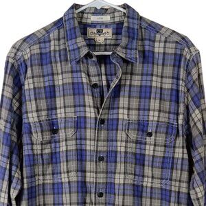 Plaid Flannel Shirt Mens L Purple Gray Grunge 90s Fitted Outdoor Casual